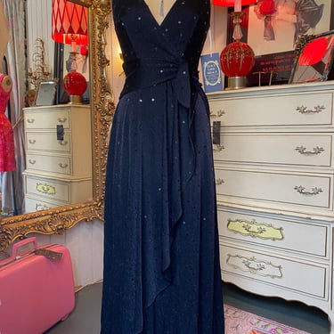 vintage y2k black lurex sequin betsey johnson gown wrap style maxi dress x-small 