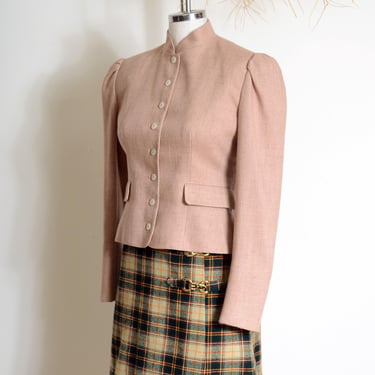 vintage 80s fitted linen jacket by Evan Picone / cropped puff shoulder blazer with band collar / XS 