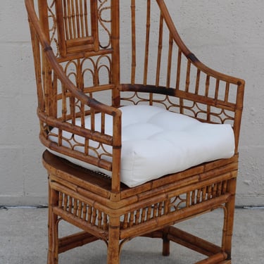 Vintage High Back Brighton Pavilion Burnt Bamboo Cane Fretwork Arm Chair MCM #4 
