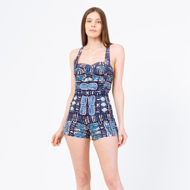 Vintage 1950s Jantzen Blue Tiki Print One Piece Swimsuit - Extra Small | Retro 50s Swimwear, Petite Hawaiian Pinup Playsuit Bathing Suit 