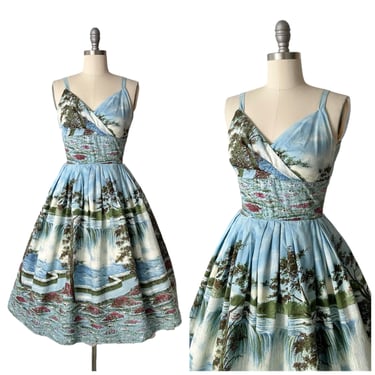 50s Iguazu Falls Cotton Sun Dress / 1950s Vintage Novelty Print Niagara Falls Dress / Small 