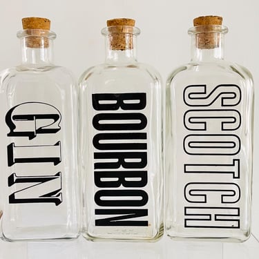 Vintage 1970s MCM Glass Liquor Decanter Bottles Cork Swanky Barware Typography Black Font Design LOT 