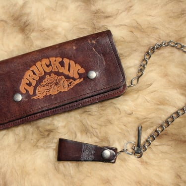 Vintage 1970s Truckin' Brown Leather Chain Wallet | Tooled Semi Truck Graphic | Biker Trucker Americana | Fathers Day Gift for Him 