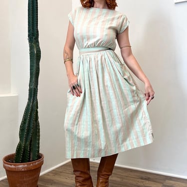 Vintage 1980s Dress / 80s Striped Cotton Cutout Back Dress / Blue Beige ( XS ) 