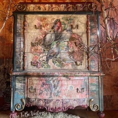 Painted French Country Chest Of Drawers, Distressed Dresser Upcycle, Cottage Core Bureau, Garden Birds, Floral Dresser, Boho ChicDresser 