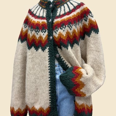 Vintage Lopapeysa Cardigan 2000s Retro Unisex + No Size Tag + Wool + Fair Isle Yoke + Beige/Red/Yellow/Green + Metal Button Front 