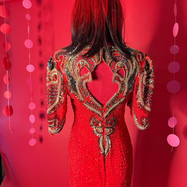 1980s Vintage Red Beaded Silk Evening Gown – Hollywood Glamour Open Back Dress – Nora Formal USA Sequin Embellished Statement 