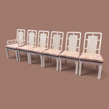 Set of Six Vintage Fretwork Cane Dining Chairs – Newly Upholstered 