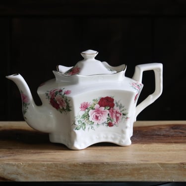 Vintage Crowne Oakes Teapot, Cottagecore Kitchenalia, Porcelain Red and Pink Rose Teapot Made in England w/ Gold Accents, Gift for Collector 