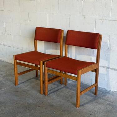 Solid Oak Side Chairs Pair with Orange Upholstery Mid-Century Modern 1970s 