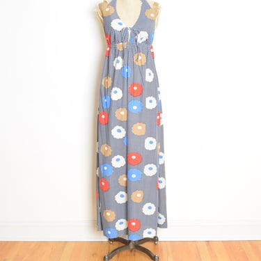 vintage 70s sun dress navy floral poppy print halter long maxi hippie boho M clothing 