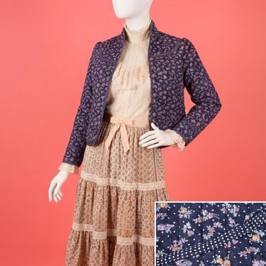 Vintage 1970s Gunne Sax Calico Floral Quilted Lightweight Jacket With Pockets Size XS 