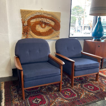 Mid Century Danish Teak Arm Chairs with Button Back Cushions