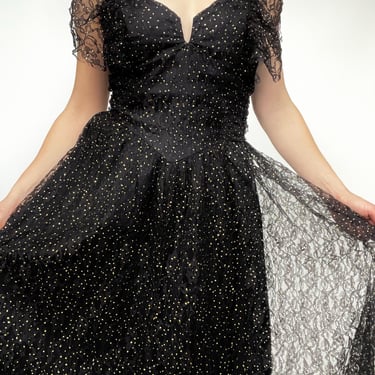 1980s Dress Black Lace Hold Sweetheart Full Skirt L 
