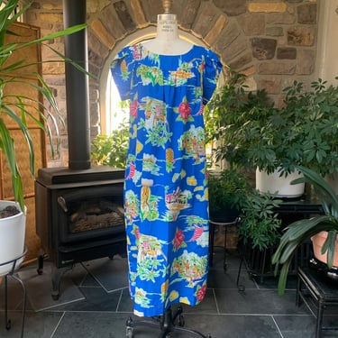 Vintage Blue Hawaiian Midi MuuMuu Dress Hula Dancers Maps Flowers Hawaii 