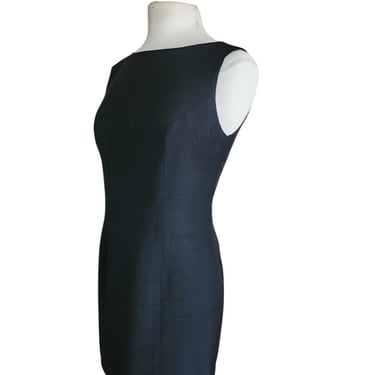 Vintage 1990s Minimalist Dress Black Raw Silk Sleeveless Shift Midi Small 