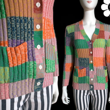 So Pretty Vintage 70s Colorful Space Dye Patchwork Style Ribbed Cardigan with Pockets 