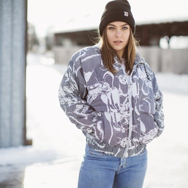 80s Bomber, Astronaut Jacket, Vintage Novelty Print Bomber, Nylon Puffer, Hooded Bomber, Gray, Moon Planet, MTV Moonman, Funky Unique 