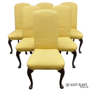 Vintage Queen Anne Style Cherry Wood Upholstered Dining Side Chairs - Set of 6