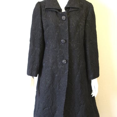 1960's I. MAGNIN Black Tapestry chenille texture Coat Evening Coat // I. Magnin of California / US 6 8  S Med 