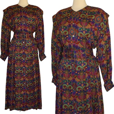 Vintage 80s Abstract Print Silk Dress, Vintage 1980s Shirtdress, Baroque Print, Pleated Skirt, Original Belt, Size M Medium 