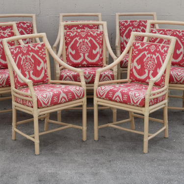 Eight 8 Authentic Iconic Marked McGuire Target Back Dining Arm Chairs Stick Deck Rawhide 
