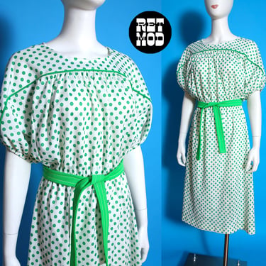 Cute Vintage 70s Green & White Polka Dot Open Sleeve Fit and Flare Dress 