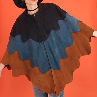ViNtAgE 1970’s Suede Cape // Blue Suede Ocean Waves // Mod Patchwork Leather Free Size fits s m l xl 