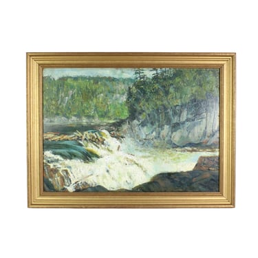 Antique Oil Painting of River Landscape Logging Scene