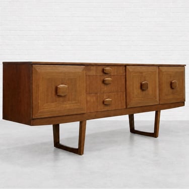 Mid Century Modern Teak Credenza by Stonehill | Long Sideboard with Funky Sculpted Pulls and Sled Legs, Made in England, c. 1960’s 