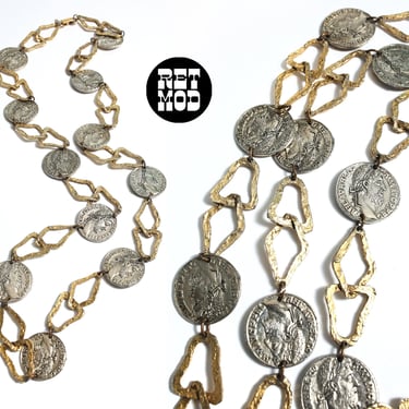 Fabulous Long Vintage 70s Gold & Silver Hammered Links and Coin Statement Necklace 
