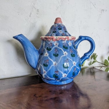 Unique Hand Made Ceramic Blue Teapot with Flowers 