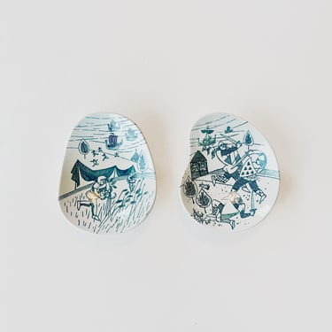 Vintage Pair Nymolle Danish Modern Illustrated Ceramic Pin Dishes Limited Edition Paul Hoyrup Design Denmark 413a 