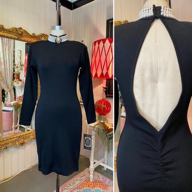 1980s black wool bandage dress backless beaded mock neck ruched 80s body con med 