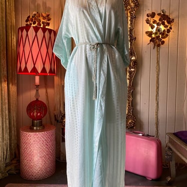 vintage 1980s mint green striped robe, 80s dressing gown, miss elaine, check, m 