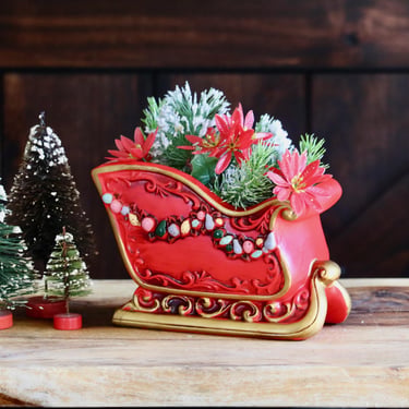 Napcoware Ceramic Sleigh Planter, Vintage Christmas Decor, Red Sleigh with Fruit Garland & Gold Trim, Collector Gift, Grannycore Kitsch 