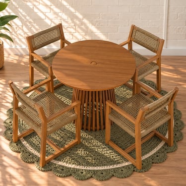 Victoria Slatted Dining Table with Four Rattan Armchairs in Warm Teak