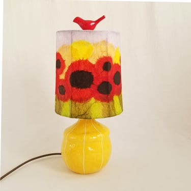 Small yellow ceramic table lamp with handmade shade 
