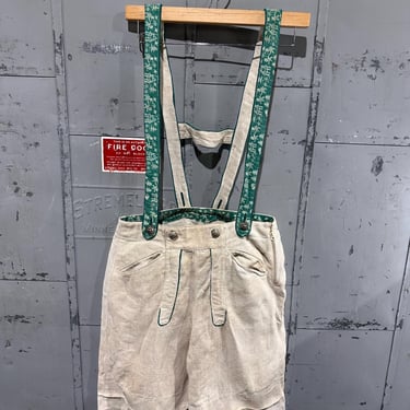 True Vintage 60s Beige Canvas Linen Lederhosen Oktoberfest German Folk Overall Shorts Costume 29W 