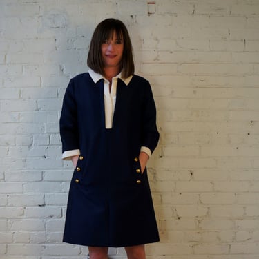 Mod Tuxedo Dress • White Collar • Navy Blue • Worsted Wool Shift • MEDIUM • 1960s • Brass Buttons • Military Nautical • Tailor Custom Made 