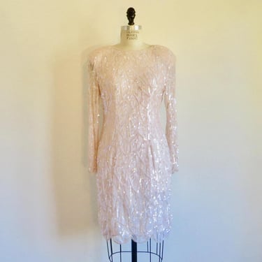1980's Pastel Pink Silk Beaded  Sheath Dress Formal Cocktail Party Long Sleeves Knee Length Size Medium 