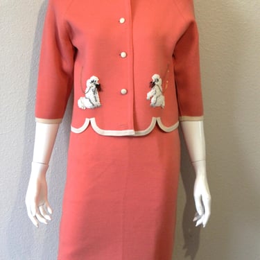 Vintage 50's 60's OOAK Novelty Poodle Cardigan ITALIAN 2 Piece Wool Knit Suit Jacket Wiggle Skirt Made in Italy Rare Label // 0 2 4 xs s 