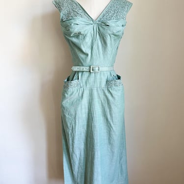 Vintage 1940s Teal Chambray Dress / XS 