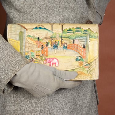 1930s Purse - Gorgeous Vintage 20s 30s Japanese Clutch Style Envelope Purse Tooled with Detailed Scenes and People 