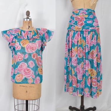 Vintage 1980s Dress / 80s Oscar de la Renta Floral 2-Piece Set / Blue Pink ( S small ) 