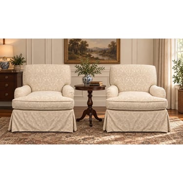 Vintage Pem-Kay Cream Damask Skirted Chairs - A Pair 
