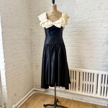 True Vintage 1980s Black Satin Dress with Oversized Ivory Bow | Formal Midi Dress 