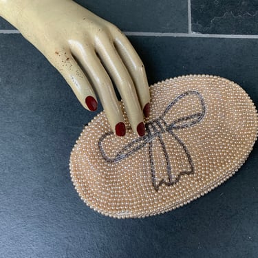 Vintage Beaded Wedding Bridal Purse Ivory Pearls and Silver Bow Bead Clutch Bag Japan K&C Charlet, Vintage Zipper Top Beaded Clutch Purse 