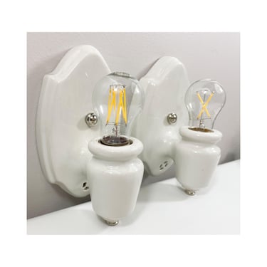Refurbished Art Deco Wall Sconces for Bath - Pair - 1930's 1940's - Efcolite - White - Rewired for Hard Wire Use 