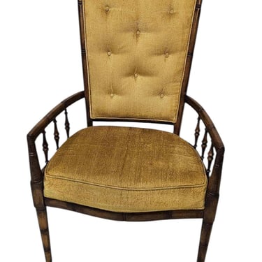 Button Back Bamboo Vintage Wooden Armchair with Yellow Upholstery